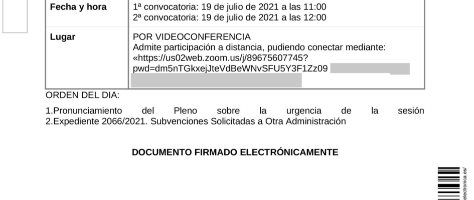 Anuncio de la convocatoria Pleno Extraordinario 19 07 2021